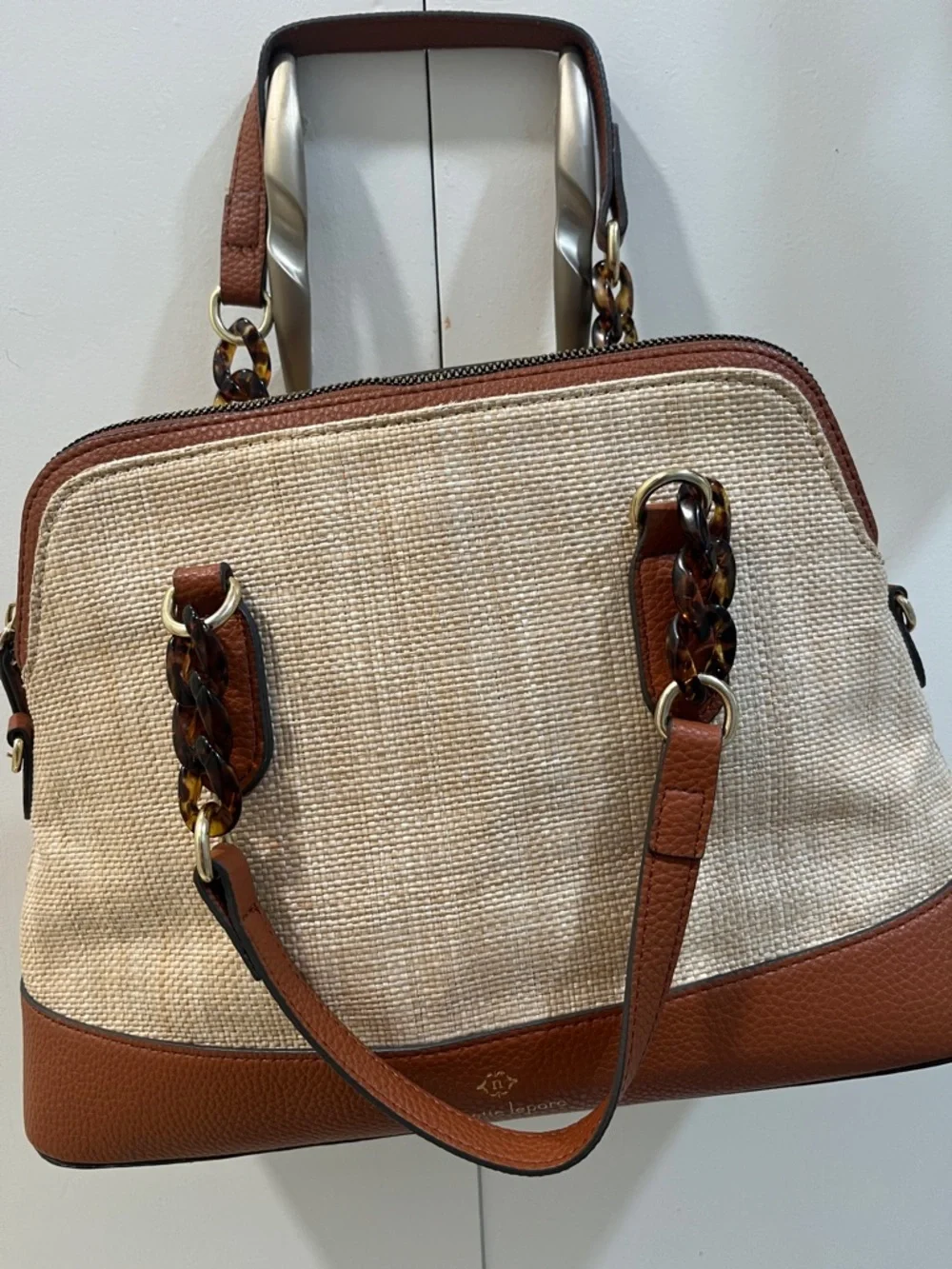 Nanette Lepore Cream and Brown Woven Satchel with Tortoiseshell Accents - Picture 2 of 8